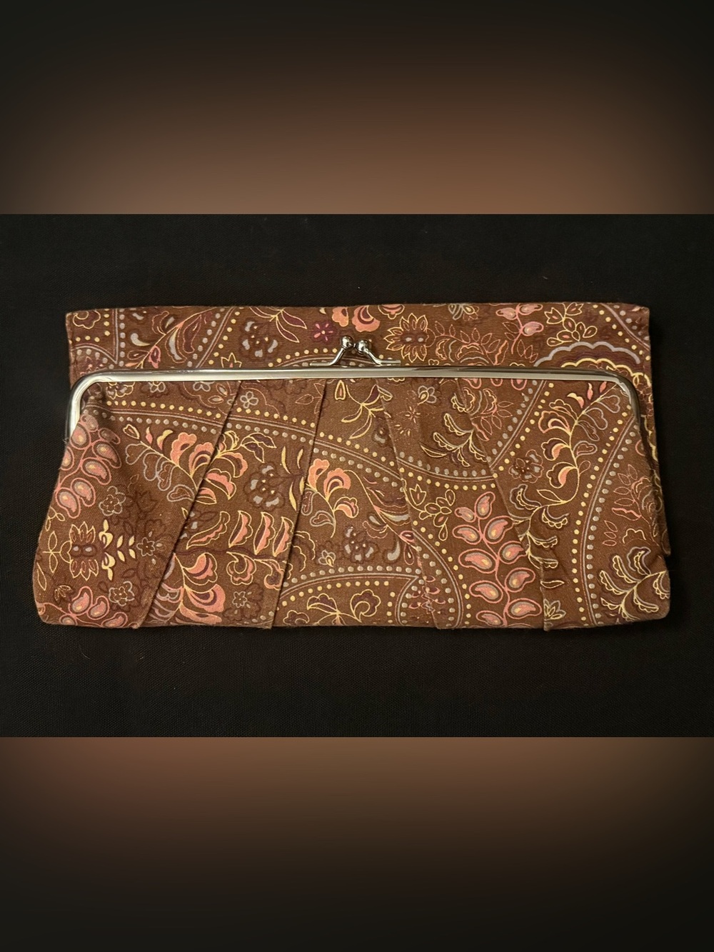 Brown Floral Paisley Clutch with Silver Frame
